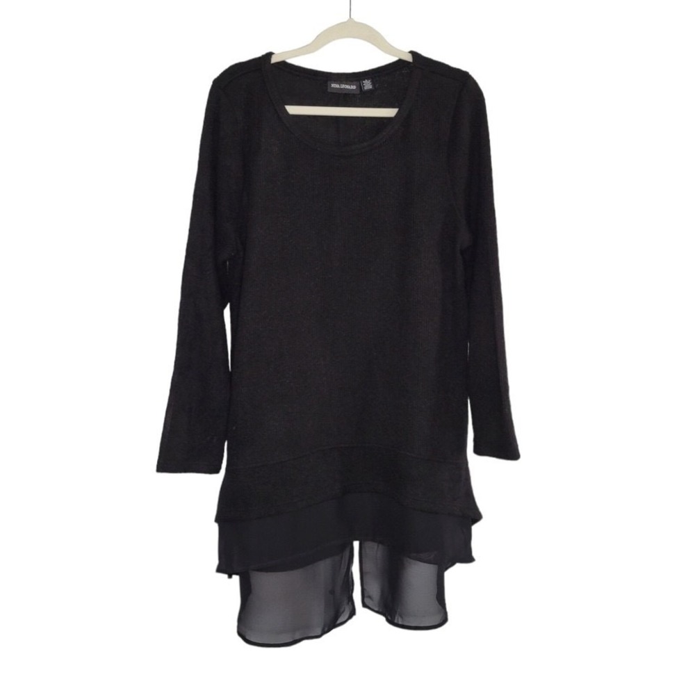 Nina Leonard Black Knit Long Sleeve Tunic Top w/ Chiffon Trim Women's Size L